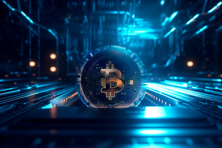 Bitcoin icon blockchain crypto currency digital encryption, technology global network connections background concept. AI Generated. blue lightの素材
