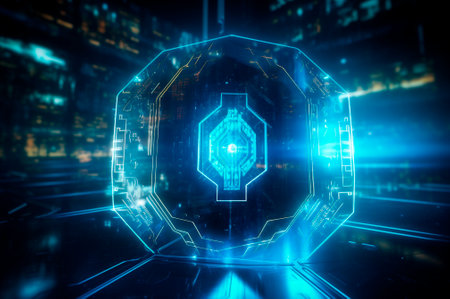 digital cyber security concept, shield on circuit board background with blue lights. abstract technology background. AI generated. closeupの素材
