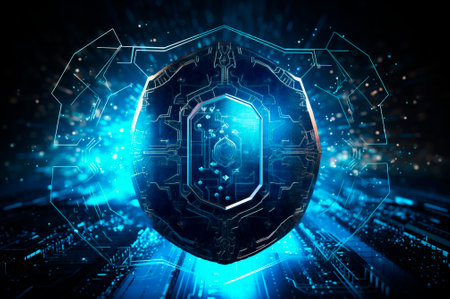 digital cyber security concept, shield on circuit board background with blue lights. abstract technology background. AI generated. closeupの素材
