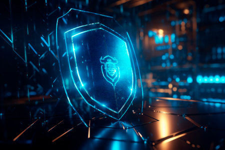 digital cyber security concept, shield on circuit board background with blue lights. abstract technology background. AI generated. closeupの素材
