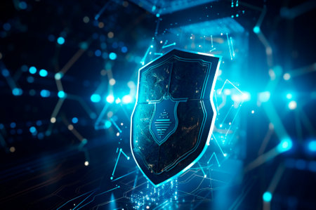 digital cyber security concept, shield on circuit board background with blue lights. abstract technology background. AI generated. closeupの素材