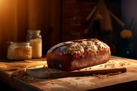 Homemade organic and healthy wholemeal multi grain bread on a wooden table. AI generated. closeupの素材