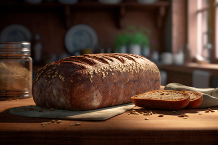 Homemade organic and healthy wholemeal multi grain bread on a wooden table. AI generated. closeupの素材