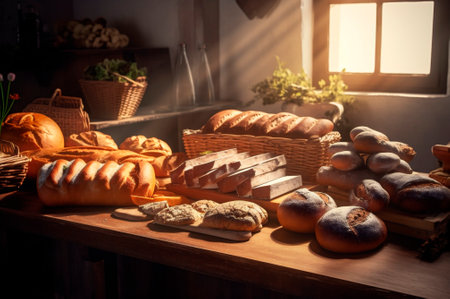 Homemade organic and healthy wholemeal multi grain bread on a wooden table. AI generated. closeupの素材