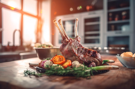 Lamb ribs grilled on the wood cutting board with spices and condiments. AI generated. closeupの素材