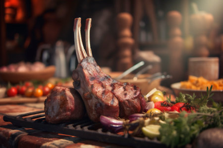 Lamb ribs grilled on the wood cutting board with spices and condiments. AI generated. closeupの素材