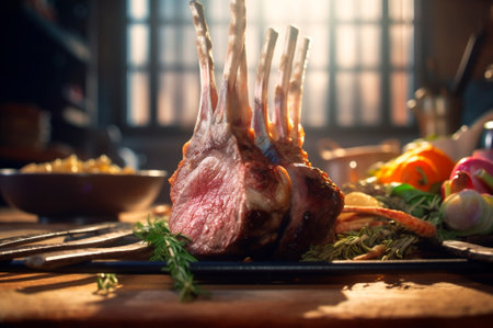 Lamb ribs grilled on the wood cutting board with spices and condiments. AI generated. closeupの素材