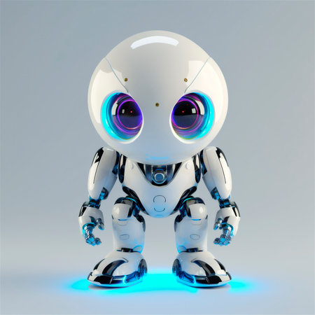 little cute robot funny virtual assistant bot isolated on white background. 3d icon. AI generated. front viewの素材