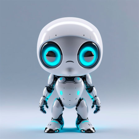 little cute robot funny virtual assistant bot isolated on white background. 3d icon. AI generated. front viewの素材