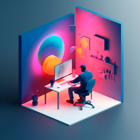 stylized 3D illustration of designer's workspace with computer in home office. AI generated. isometric perspectiveの素材