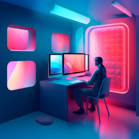 stylized 3D illustration of designer's workspace with computer in home office. AI generated. isometric perspectiveの素材