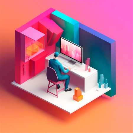 stylized 3D illustration of designer's workspace with computer in home office. AI generated. isometric perspectiveの素材