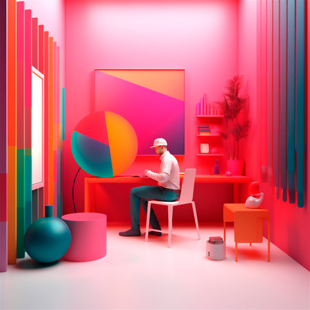 stylized 3D illustration of designer's workspace with computer in home office. AI generated. isometric perspectiveの素材