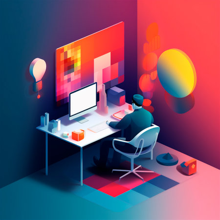 stylized 3D illustration of designer's workspace with computer in home office. AI generated. isometric perspectiveの素材