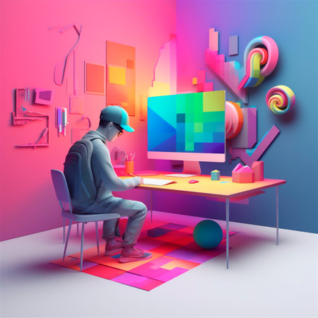 stylized 3D illustration of designer's workspace with computer in home office. AI generated. isometric perspectiveの素材