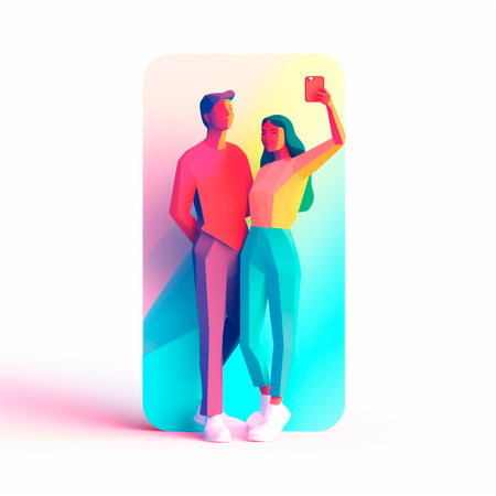 Young romantic smiling couple taking selfie on stylized colorful background. AI generated. front viewの素材