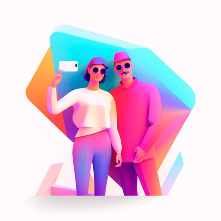 Young romantic smiling couple taking selfie on stylized colorful background. AI generated. front viewの素材
