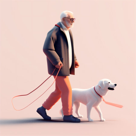 Cartoon 3D stylized illustration of elderly man walking with guide dog. AI generated. front viewの素材