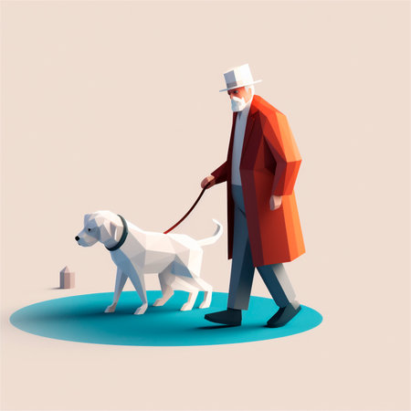 Cartoon 3D stylized illustration of elderly man walking with guide dog. AI generated. front viewの素材