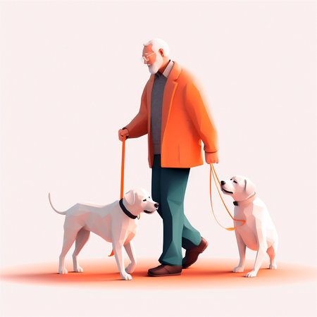 Cartoon 3D stylized illustration of elderly man walking with guide dog. AI generated. front viewの素材