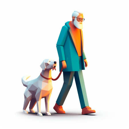 Cartoon 3D stylized illustration of elderly man walking with guide dog. AI generated. front viewの素材
