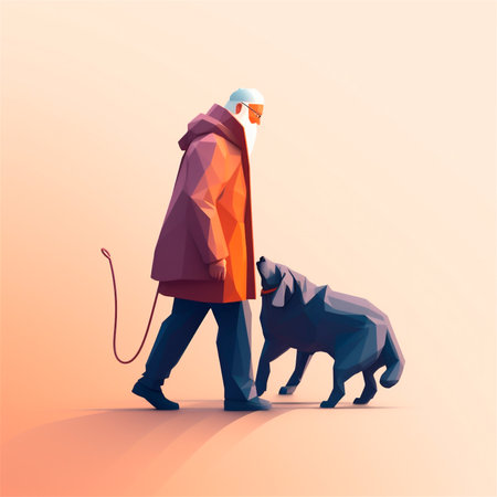 Cartoon 3D stylized illustration of elderly man walking with guide dog. AI generated. front viewの素材