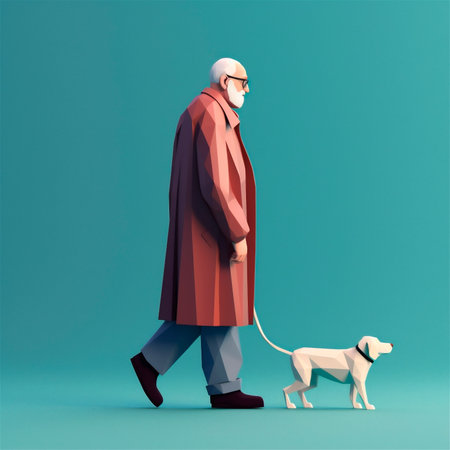 Cartoon 3D stylized illustration of elderly man walking with guide dog. AI generated. front viewの素材