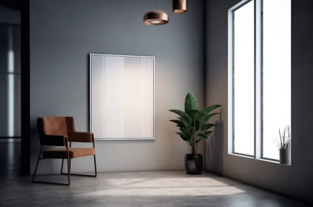Vertical frame mockup, blank empty screen isolated on white home office background. Copy space. AI generated. front viewの素材