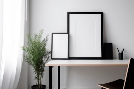 Vertical frame mockup, blank empty screen isolated on white home office background. Copy space. AI generated. front viewの素材