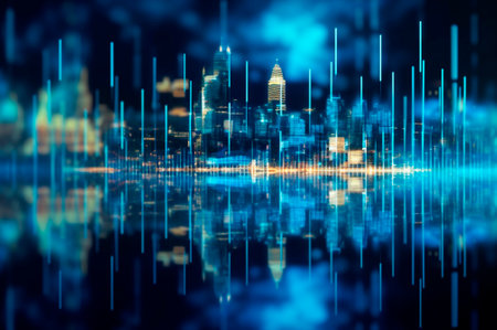 graph, statistical diagram neon blue lighting with financial indicators and investment city blurred in background. AI generated. front viewの素材