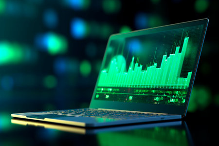 Notebook screen with stock market and business financial and statistical chartの素材