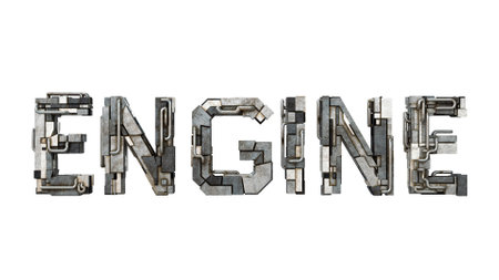 Letters of the word engine metallic typography, built with mechanical parts steampunk style isolated...