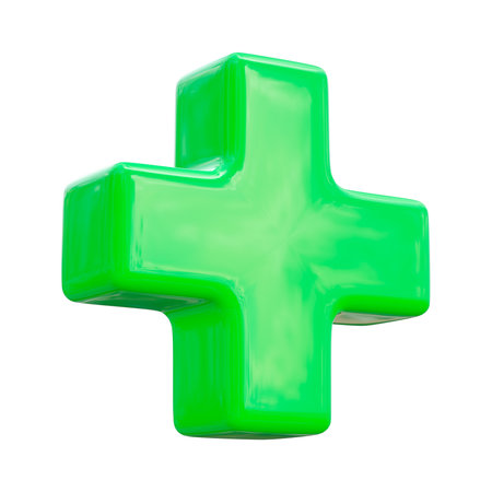 3D green plus sign icon on white background. Mathematical and financial symbols. Emergency help medical symbol. 3d illustrationの写真素材