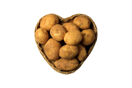 pile of fresh and raw potatoes in basket isolated white background. Top view.の写真素材
