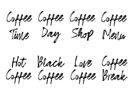 Black and white coffee lettering typography set. Isolated ink calligraphy inscriptions. Design for posters, t-shirts and menus. vector artのイラスト素材