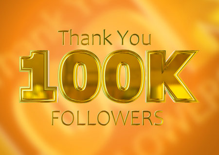100k followers lettering Golden celebration social media poster. Thank you one hundred thousand subscribers. 3D illustrationの写真素材