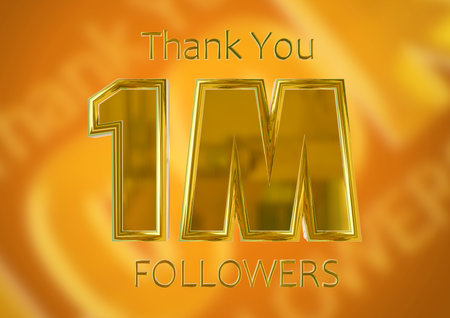 1M followers lettering Golden celebration social media poster. Thank you for one million subscribers. 3D illustrationの写真素材