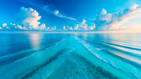 Idyllic Ocean Horizon with Transparent Waters and Dramatic Cloud Patterns. Panoramic Viewの素材