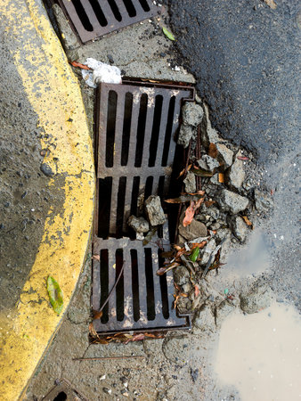 Damaged urban drain on a wet street, with rusty metal grates, accumulated debris, dry leaves, and...
