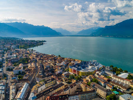 Drone shot of vevey city with stadiumの写真素材