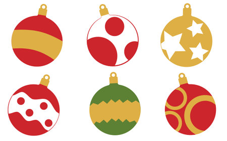Christmas balls in the form of rhombuses in red, yellow, green and white colors with different ornaments in the form of classic toysのイラスト素材