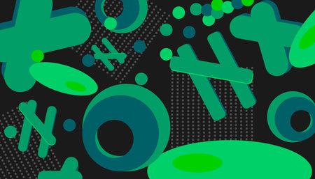 Dark background on which various figures of green shades are depicted
