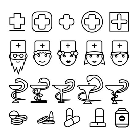 Set of medical icons, stickers. Medical cross, doctors faces, medical bowl with a snake and pillsのイラスト素材