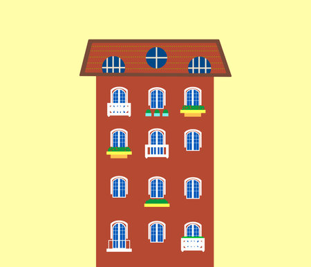 Facade of a residential high-rise building with various windows and balconiesのイラスト素材