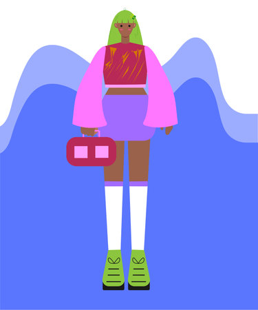 A girl with green hair in an pink sweater with a portable speaker on a violet background. fashion, music.のイラスト素材