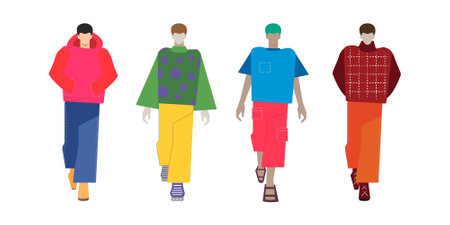 Four men on the catwalk in clothes for different seasonsのイラスト素材