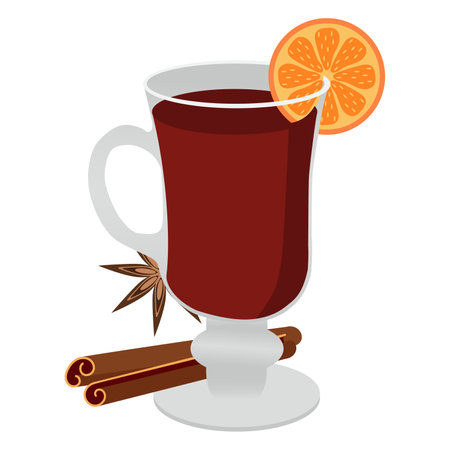 Mulled wine in a glass with orange slice, cinnamon sticks and flowersのイラスト素材