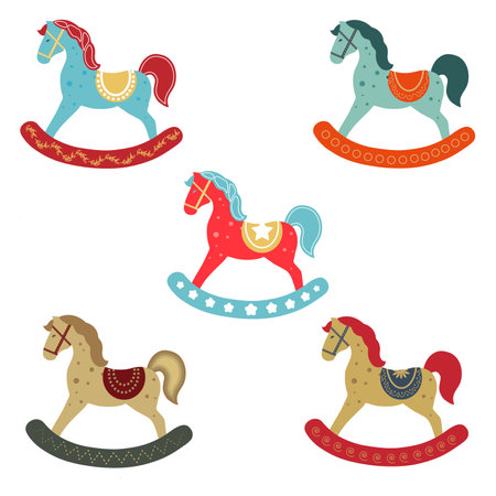 Horse swing toys in different colors with a variety of designs and patternsのイラスト素材