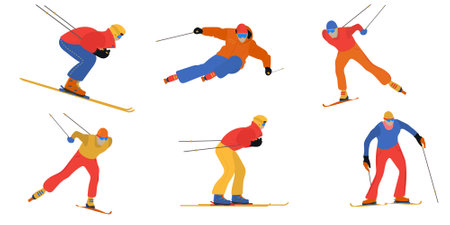Set of athletes skiers, alpine skiing in different posesのイラスト素材