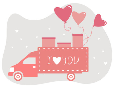 Love truck with balloons carries gifts for Valentine's Dayのイラスト素材